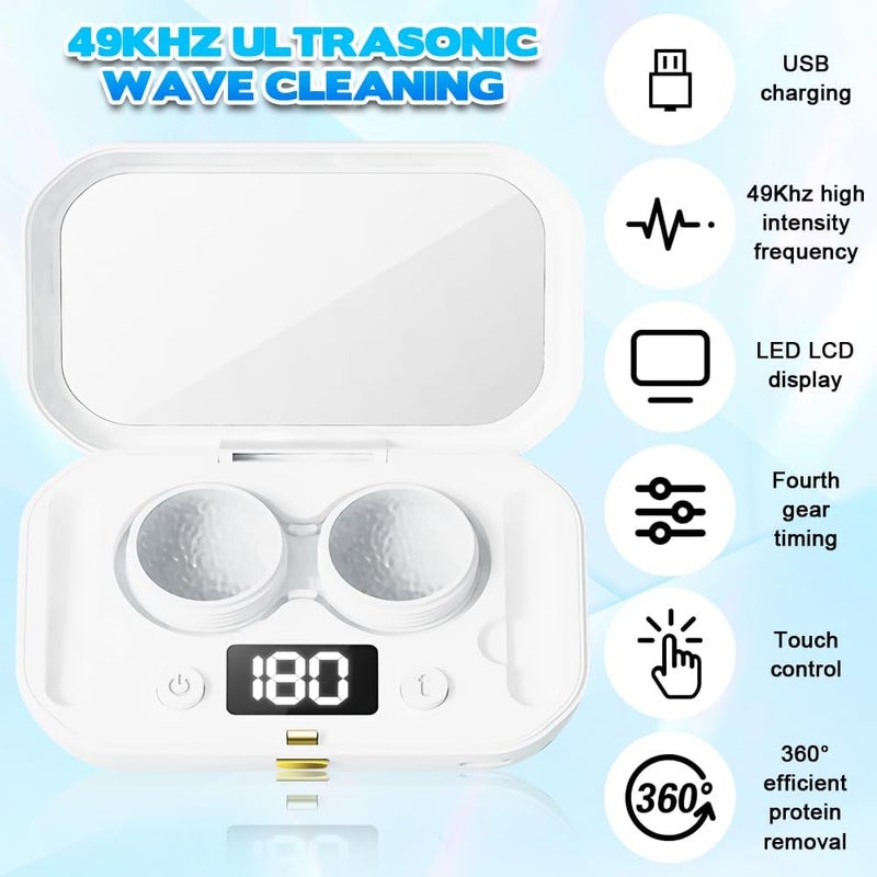 Casbomy Contact Lens Clean Machine, Portable Ultrasonic Contact Lens Cleaner with 4 Timing Modes, 360° High-Frequency Vibration for Cleaning Soft Lenses, Colored Contact Lenses (White) - Image 2